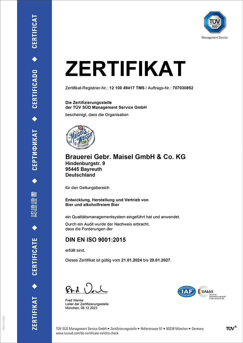 Zertifikat DIN-ISO-9001-2015 der Brauerei Maisel